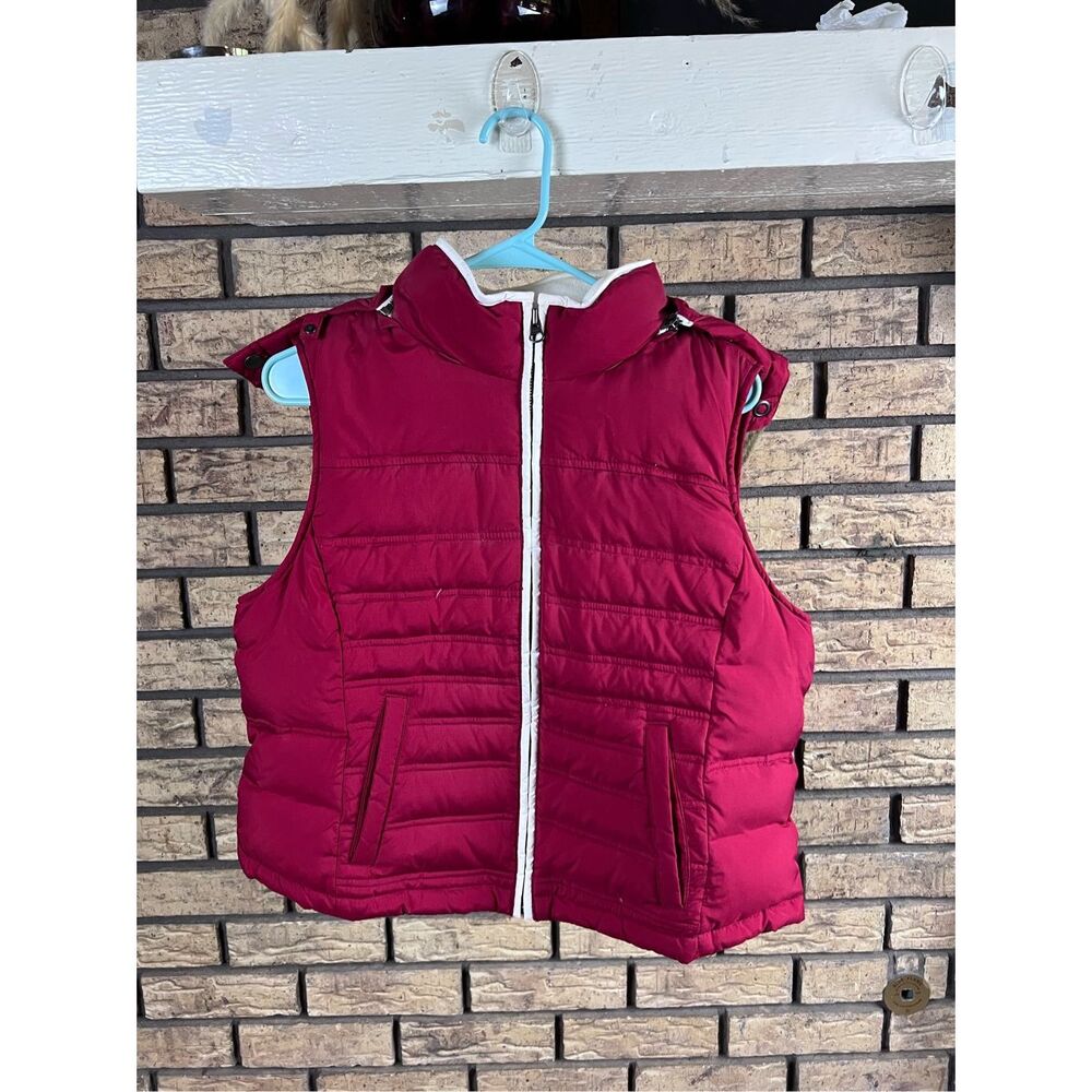 Ann Taylor Loft Red Quilted Down Puffer Vest Womens Size LP Fleece Lined Hooded